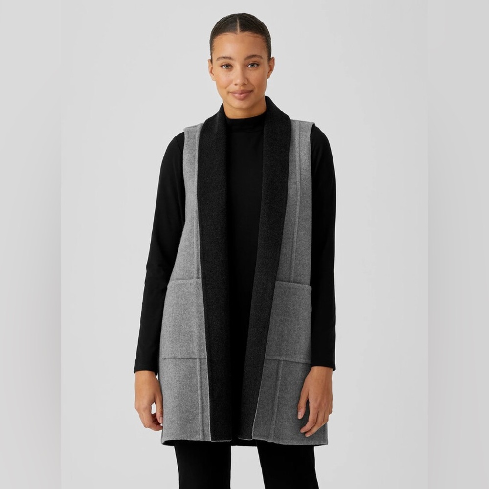 Eileen Fisher Two Tone Doubleface Wool Cashmere Vest Thigh Length Reversible